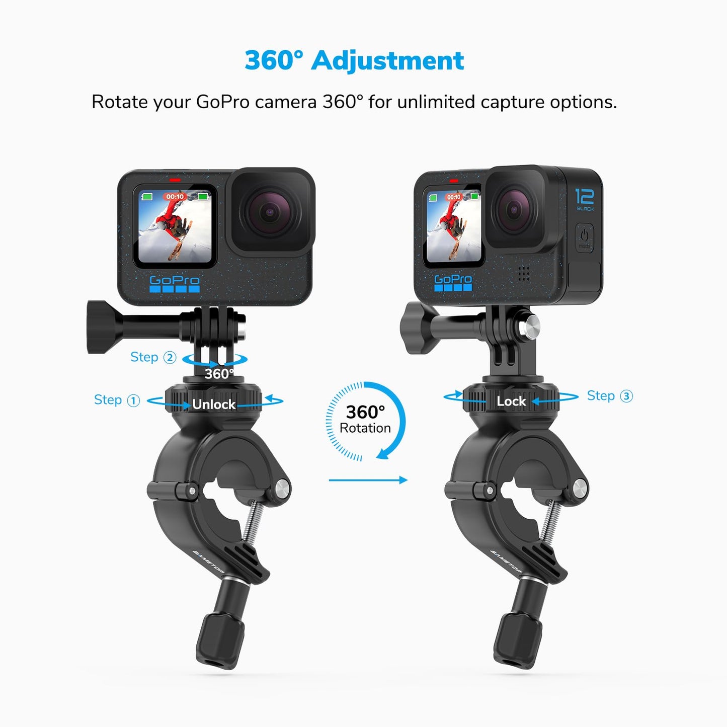 Sametop Handlebar Bike Pole Mount Motorcycle Clamp Mount Compatible with GoPro Hero 12 11 10 9 8 7 6 5 Session DJI Action Cameras - 360 Degree Rotation
