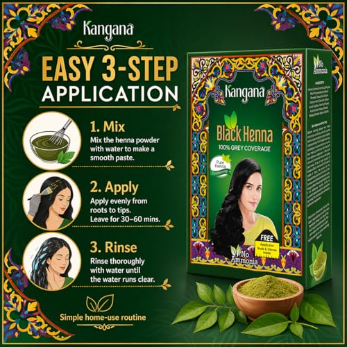 Kangana Black Henna Hair Dye - 100% Grey Coverage, 6 Pouches