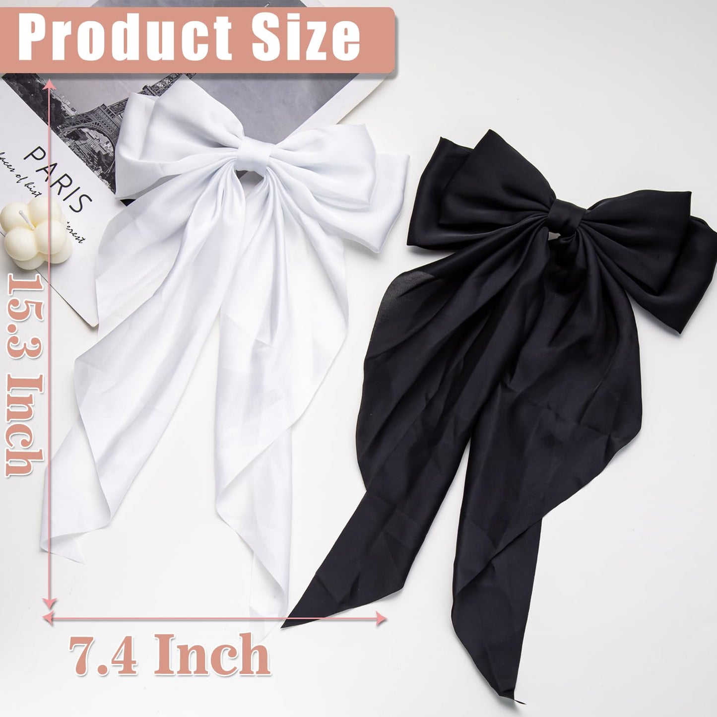 Oversized Long-tail Cute Aesthetic Hair Accessories: 2 PCS Ribbon Barrettes with Large Hair Bows for Women (Beige, Sky Blue)