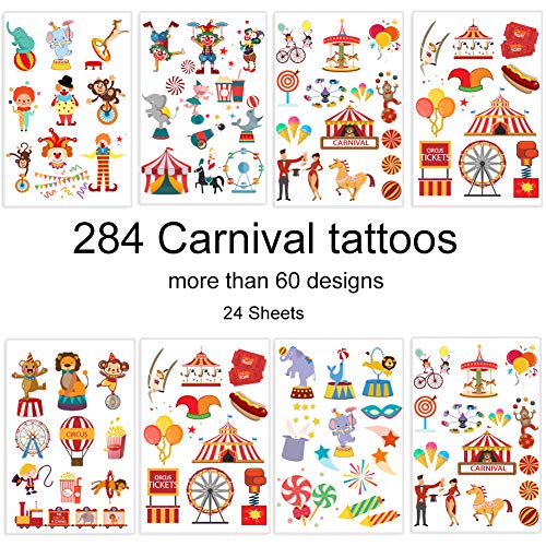 284 Circus Temporary Tattoos - 24 Sheets Party Favors