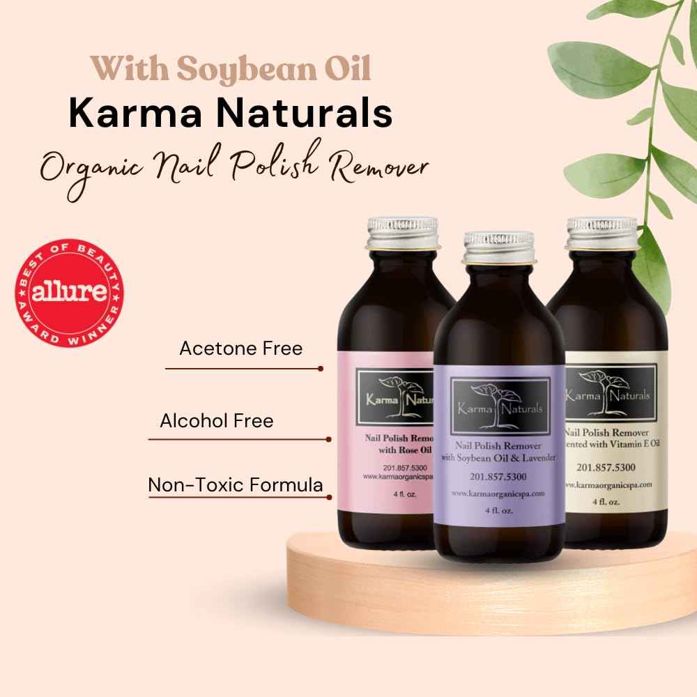 Karma Organic Nail Polish Remover Bundle - Includes Natural Lavender, Rose Oil, and Unscented Nail Polish Remover (4FL-Oz) (Multipack)