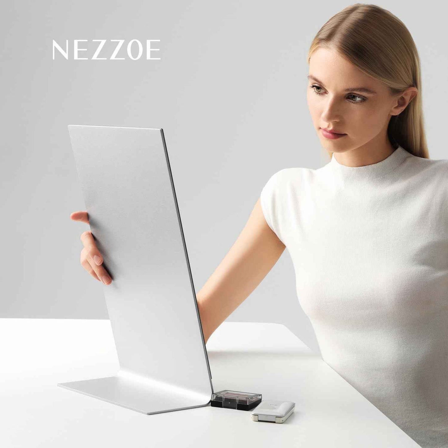 NEZZOE Frameless Makeup Mirror for Desk, 15 Inch Aluminum Standing Table Mirror, Large Counter Top Mirror