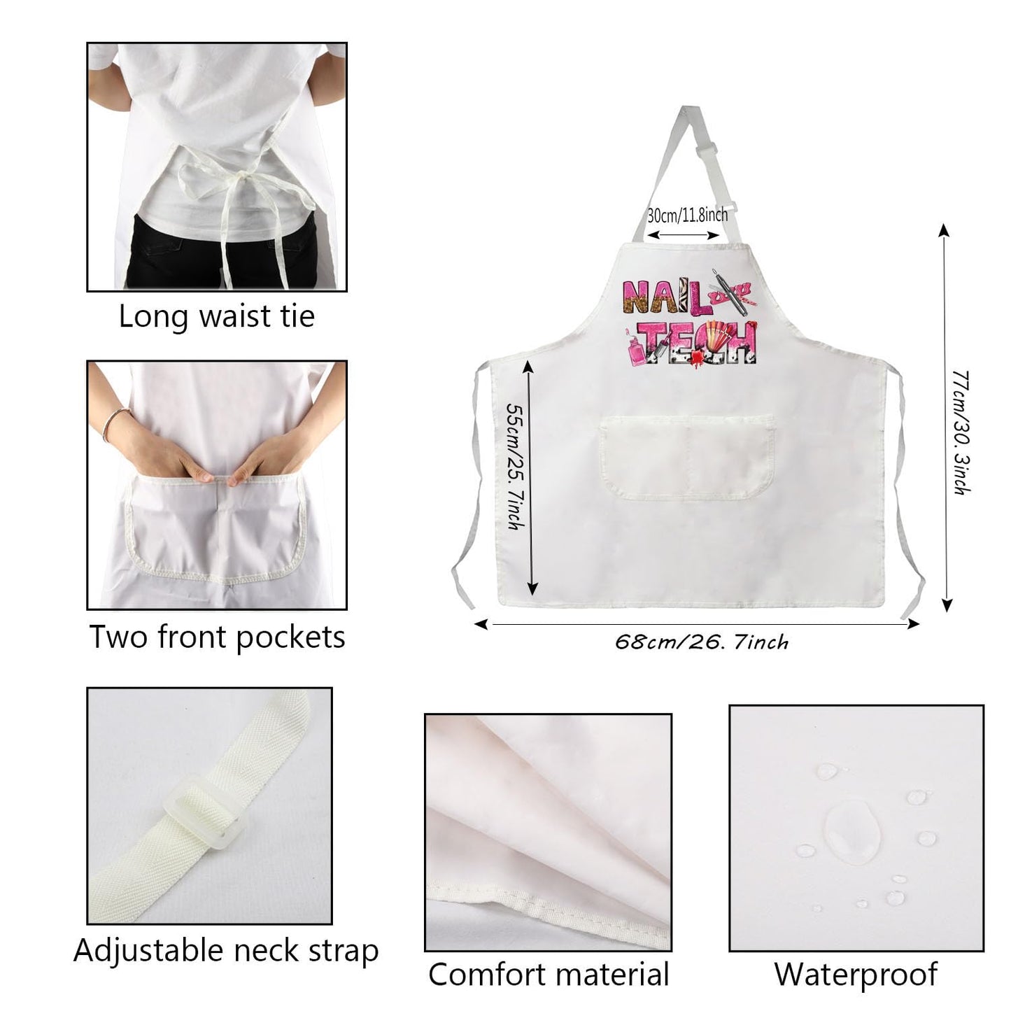 PXTIDY Nail Tech Apron With Pockets Nail Tech Gift Nail Salon Gift Nail Tech Supplies Waterproof Apron Adjustable (NAIL TECH white Apron)