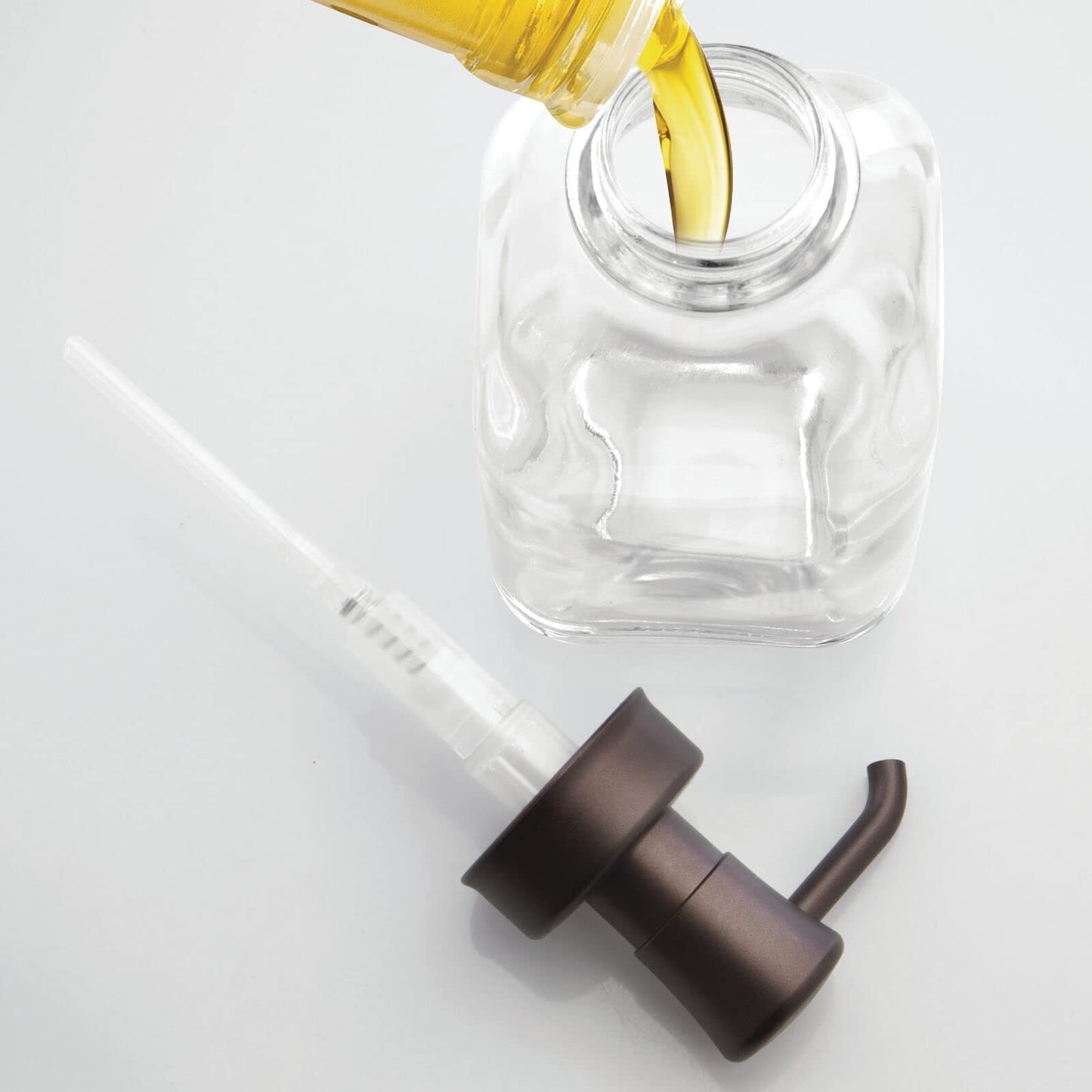 mDesign Square Glass Refillable Liquid Soap Dispenser Pump Bottle for Bathroom Vanity Countertop, Kitchen Sink - Holds Hand Soap, Dish Soap, Hand Sanitizer, Essential Oils - 2 Pack - Clear/Bronze