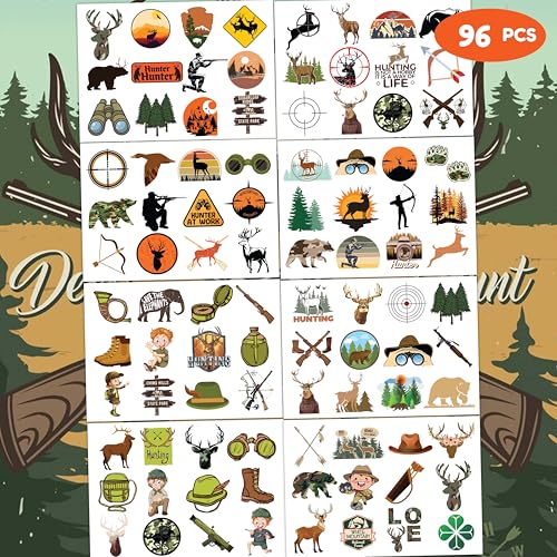 8 Sheets (96PCS) Hunting Tattoos Birthday Party Decorations Supplies Tattoos Stickers Cute Party Favors for Kids Boys Girls Gifts Classroom School Theme Prizes Rewards