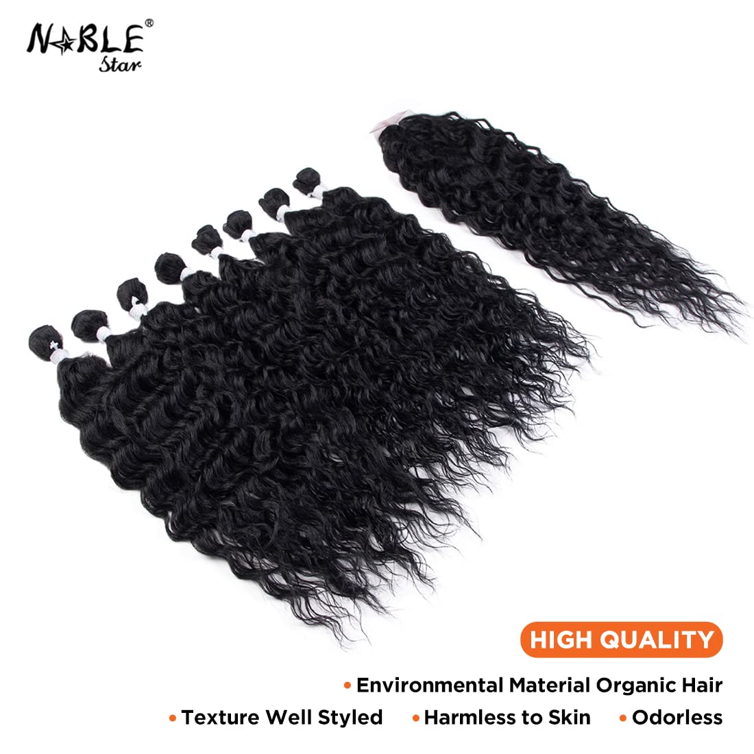 Synthetic Curly Hair Water Wave 8 Bundles with Closure Kinky Curly Hair For Black Women 20 Inch Weft and Wavy Bundles with Closure Hair Extensions Natural Black Color 9Pcs/Lot