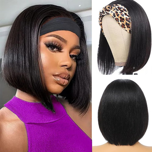 XC CLOUDS Headband Wigs Human Hair 10 Inch Bob Headband Wigs For Black Women Wear And Go Short Bob Wigs Glueless Wigs Human Hair Natural Black Headband Wig Human Hair Straight 150% Density