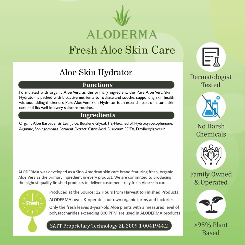 Aloderma 99.8% Organic Aloe Vera Face Hydrator Made within 12 Hours of Harvest - Moisturizing & Hydrating Facial Toner for Oily Skin, Soothing Aloe Toner for Balanced, Smooth, Flawless Skin, 240ml