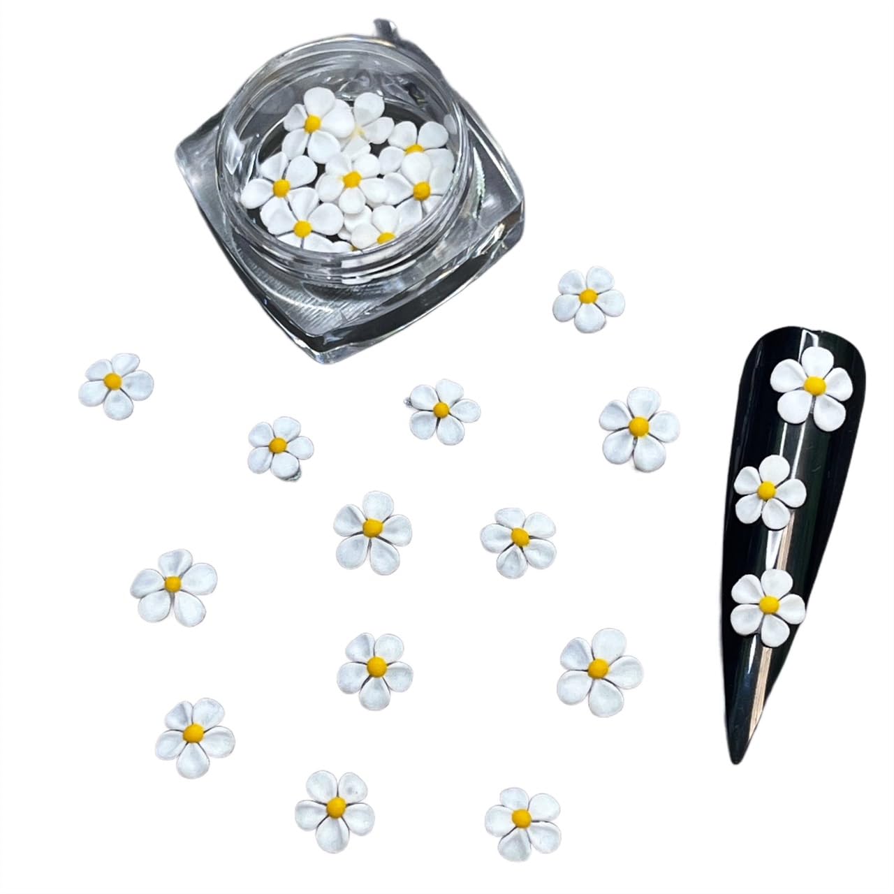 Set 30Pcs White 3D Flowers for Nails, Apricot Handmade 3D Acrylic Flowers for Nails, Flower Nail Charms Rhinestones Gems by Acrylic Powder Design Nail Art Women Girls (White+Yellow pistil-30Pcs)