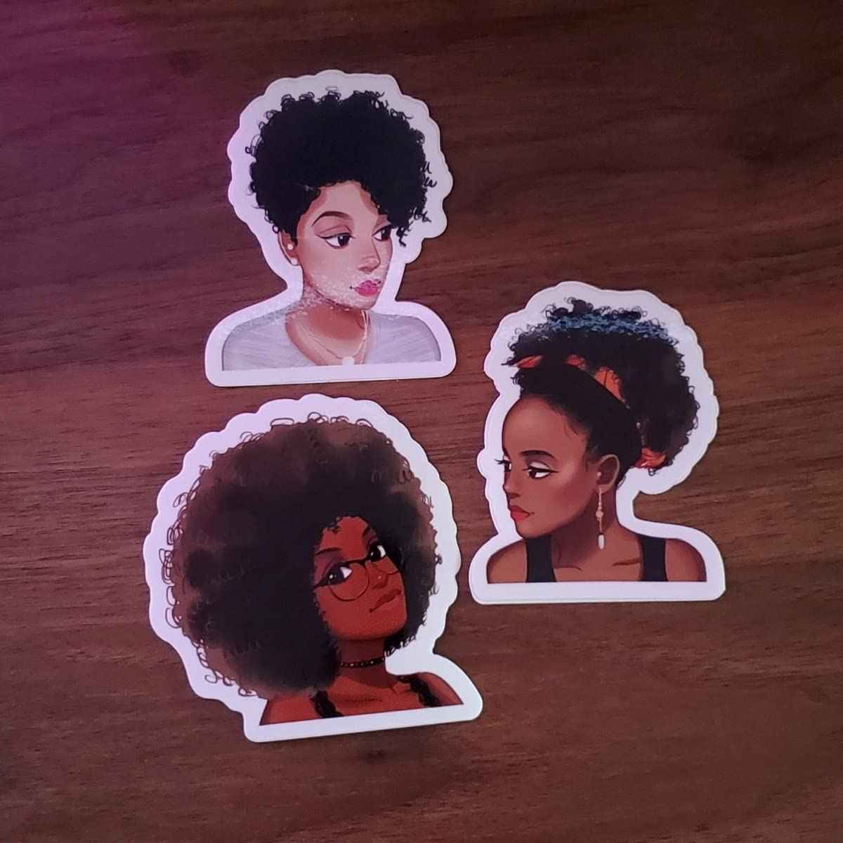 Sticker Boogie Decorative Semi-Gloss Vinyl Die Cut Stickers – Set of 3 Afro Style Natural Hair Black Women Art Decals for Laptops, Water Bottles, Notebooks, Planners and Personal Items