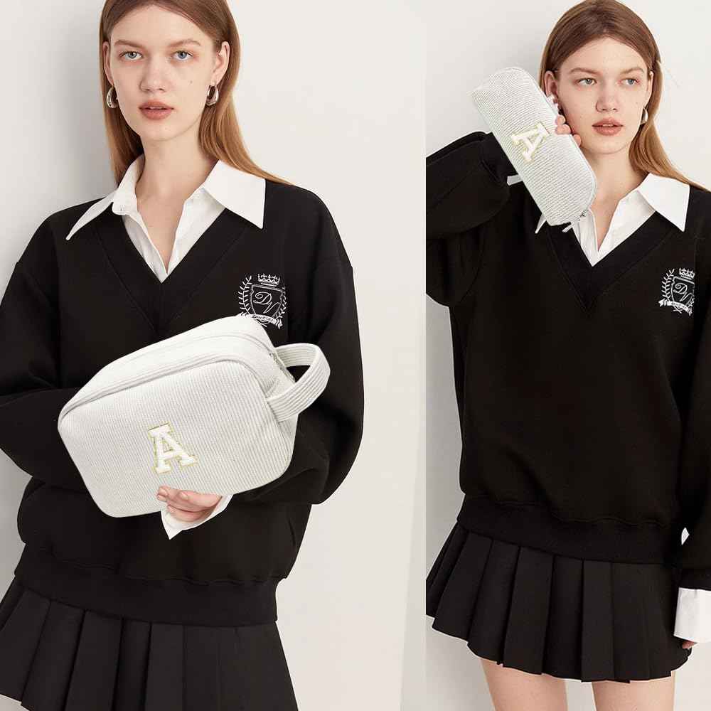 FFpaw 2PCS Initial Makeup Bag, Preppy Patch Cosmetic Bag for Purse Personalized Makeup Bag Organizer Travel Toiletry Bag Makeup Brushes Aesthetic Accessories Storage Bag for Women (White, D)