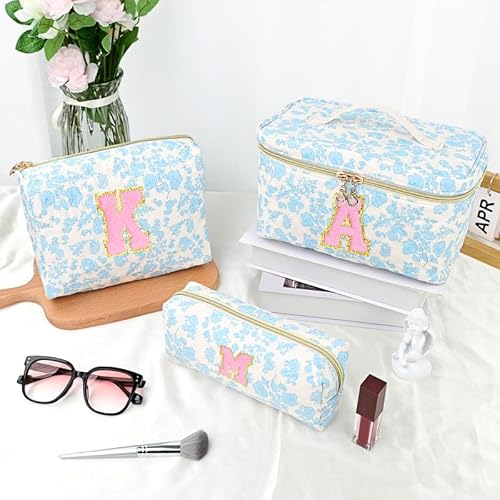 3 PCS Travel Makeup Bag Set, A?Z Initials Cotton Quilted Cosmetic Bag for Women & Preppy, Personalized Toiletry Bag Travel Accessories Makeup Brushes Organizer, Valentine¡¯s Day & Birthday Gift for Her