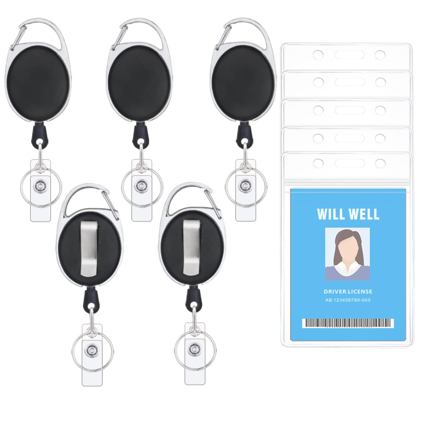 5 Pack ID Badge Holder With Clip – Badge Reels Retractable Heavy Duty – Clear Id Card Holder Retractable – Vertical Lanyard Id Holder with Carabiner Badge Reel – Badge Holders with 24 inches Pull Cord