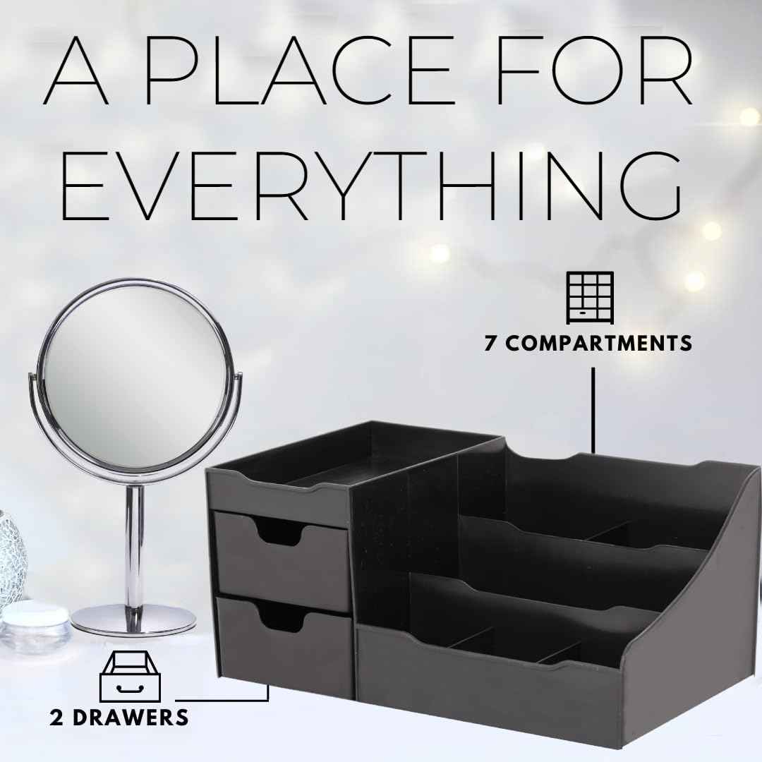 Mantello Modern Minimalist Black Bathroom Organizer - 9 Compartment Countertop Sink Tabletop Caddy for Men Women - Makeup Skincare Toiletries Organizer