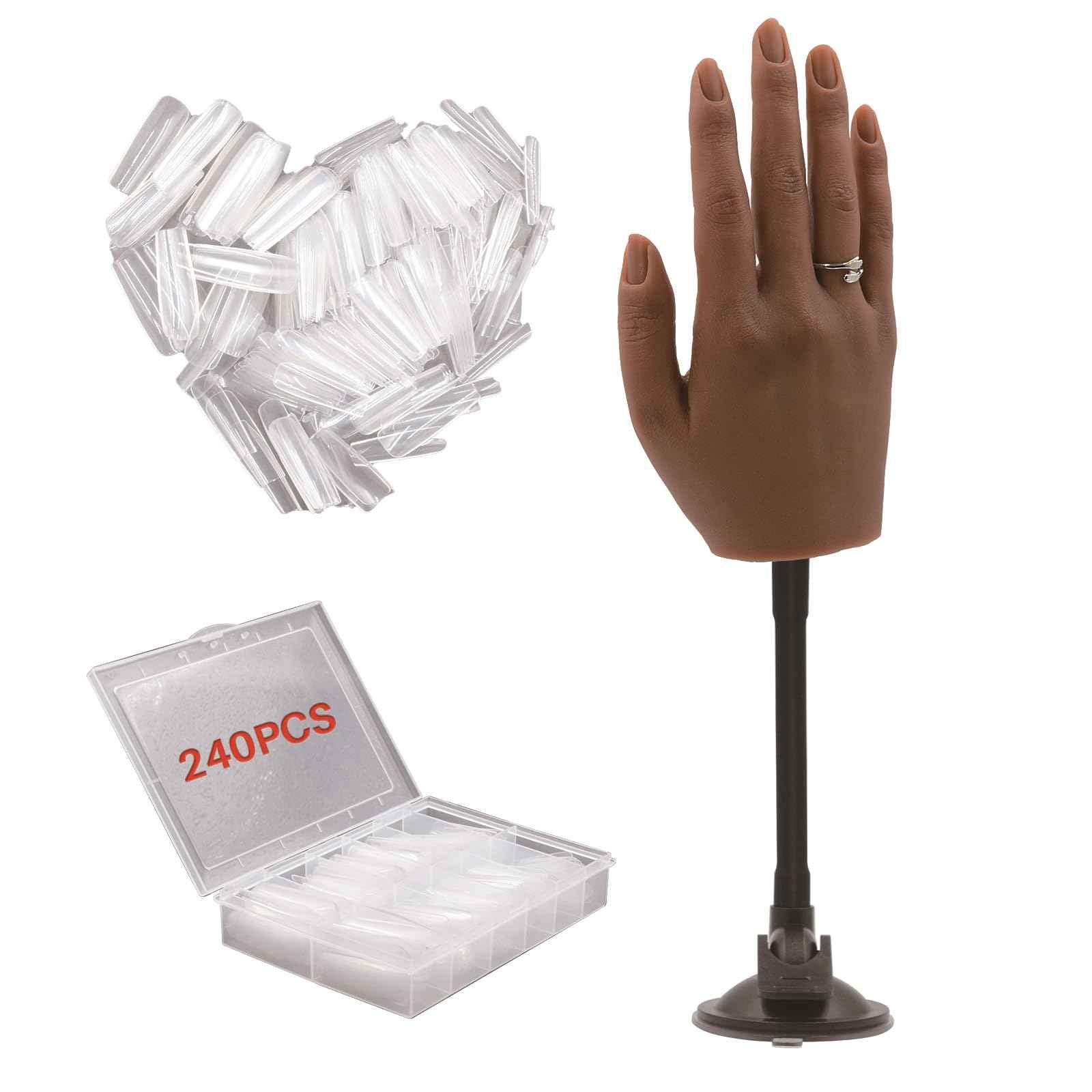 Silicone Practice Hand for Acrylic Nail, Dark Brown Nail Practice Hand with Bracket, Flexible Reusable Mannequin Hand for Nail Display, Acrylic Nail Training Hand for Manicure Beginner (color #5)