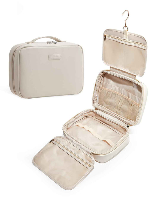 EACHY Toiletry Bag with Hanging Hook, Travel Makeup Bag PU Leather Cosmetic Bags for Women Make Up Organizer with 4 Compartments Waterproof Full-Size Portable Travel Essentials (Beige)