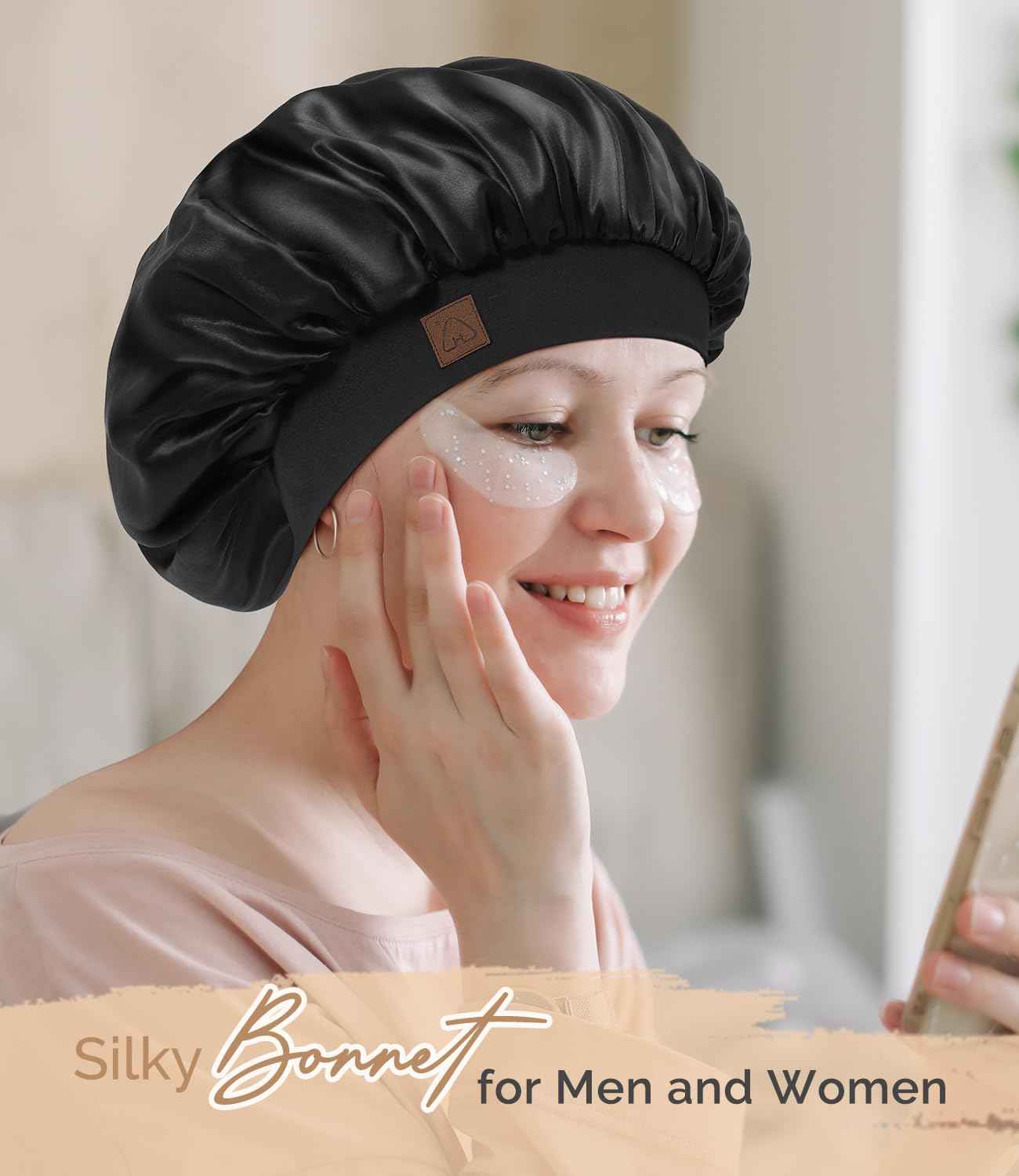 Hat Hut Satin Bonnet Silk Bonnet Sleep Cap for Women Hair Bonnet for Curly Natural Hair Sleeping Adjustable Wide Band Double Layer (Black)