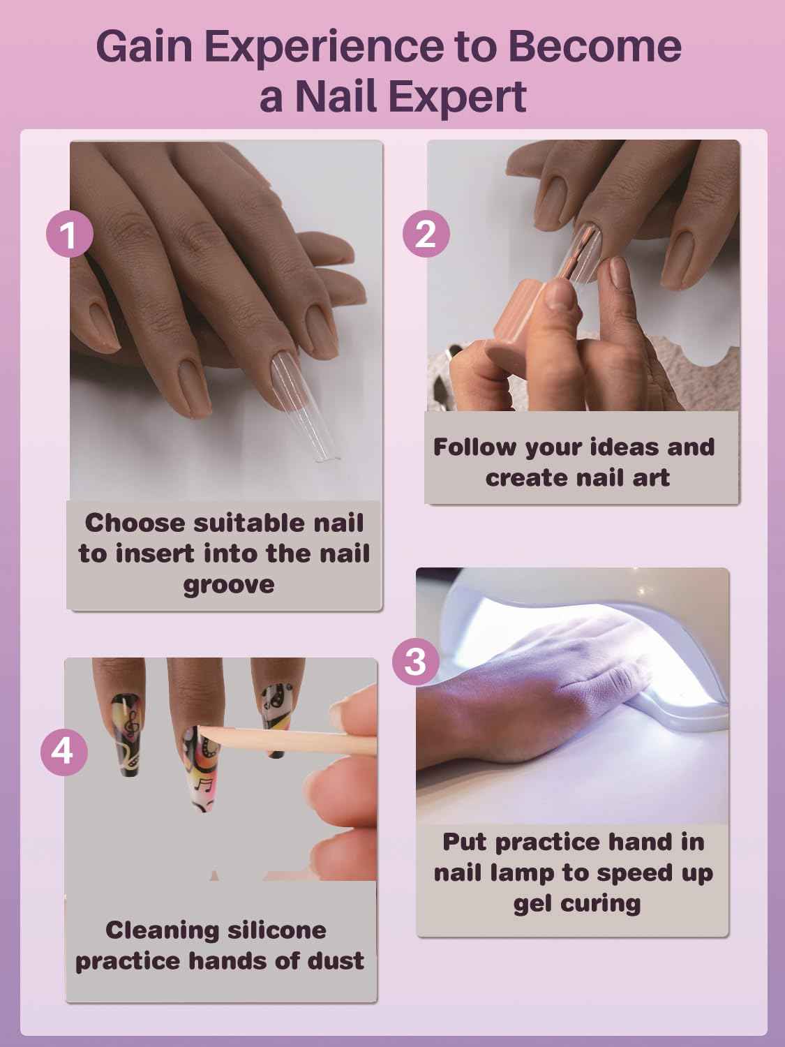 Silicone Practice Hand for Acrylic Nail, Dark Brown Nail Practice Hand with Bracket, Flexible Reusable Mannequin Hand for Nail Display, Acrylic Nail Training Hand for Manicure Beginner (color #5)