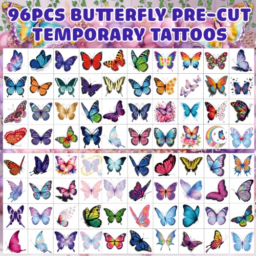Butterfly Temporary Tattoos for Kids – 96 PCS Pre-Cut