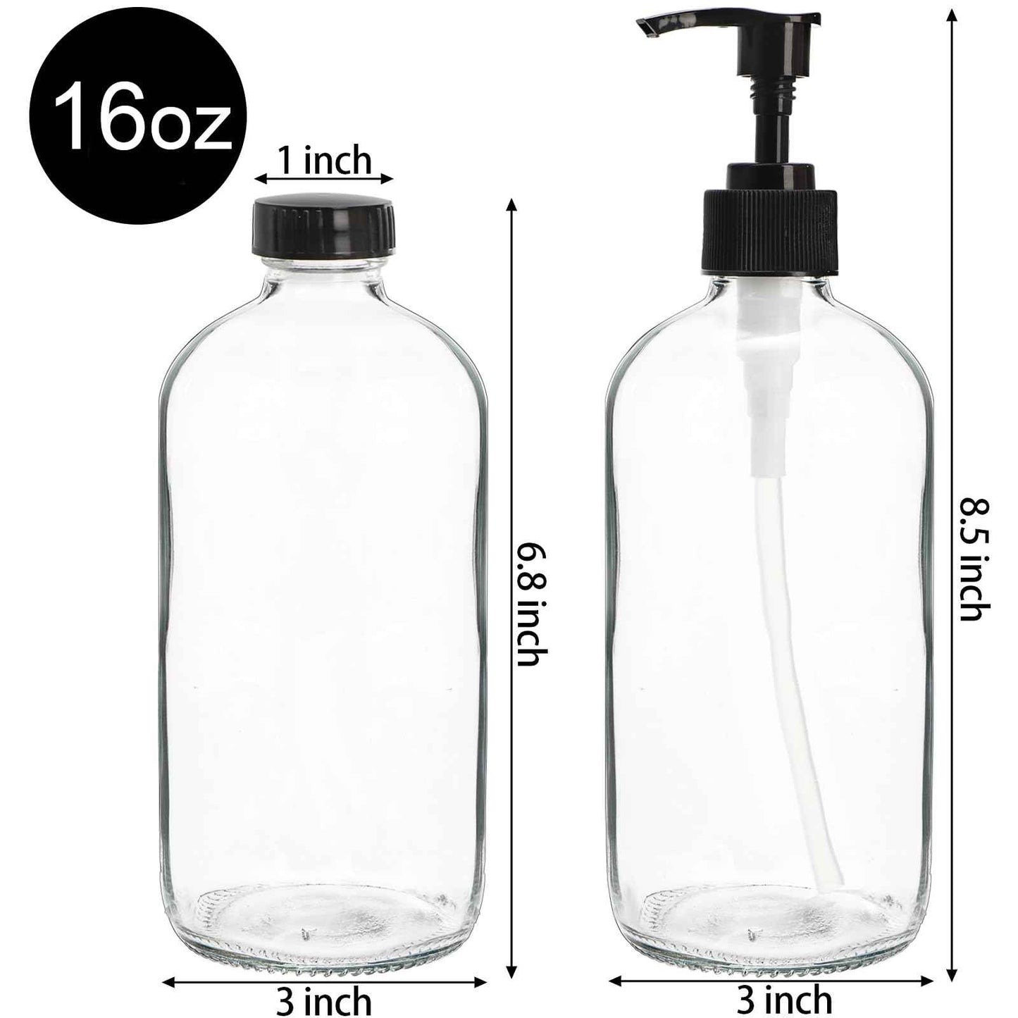 Yarlung 4 Pack 16 Oz Glass Pump Bottles, Clear Soap Dispenser with Pump Glass Empty Refillable Containers for Lotions, Shampoo, Body Wash, Liquid Soap, 4 Black Caps 6 Labels