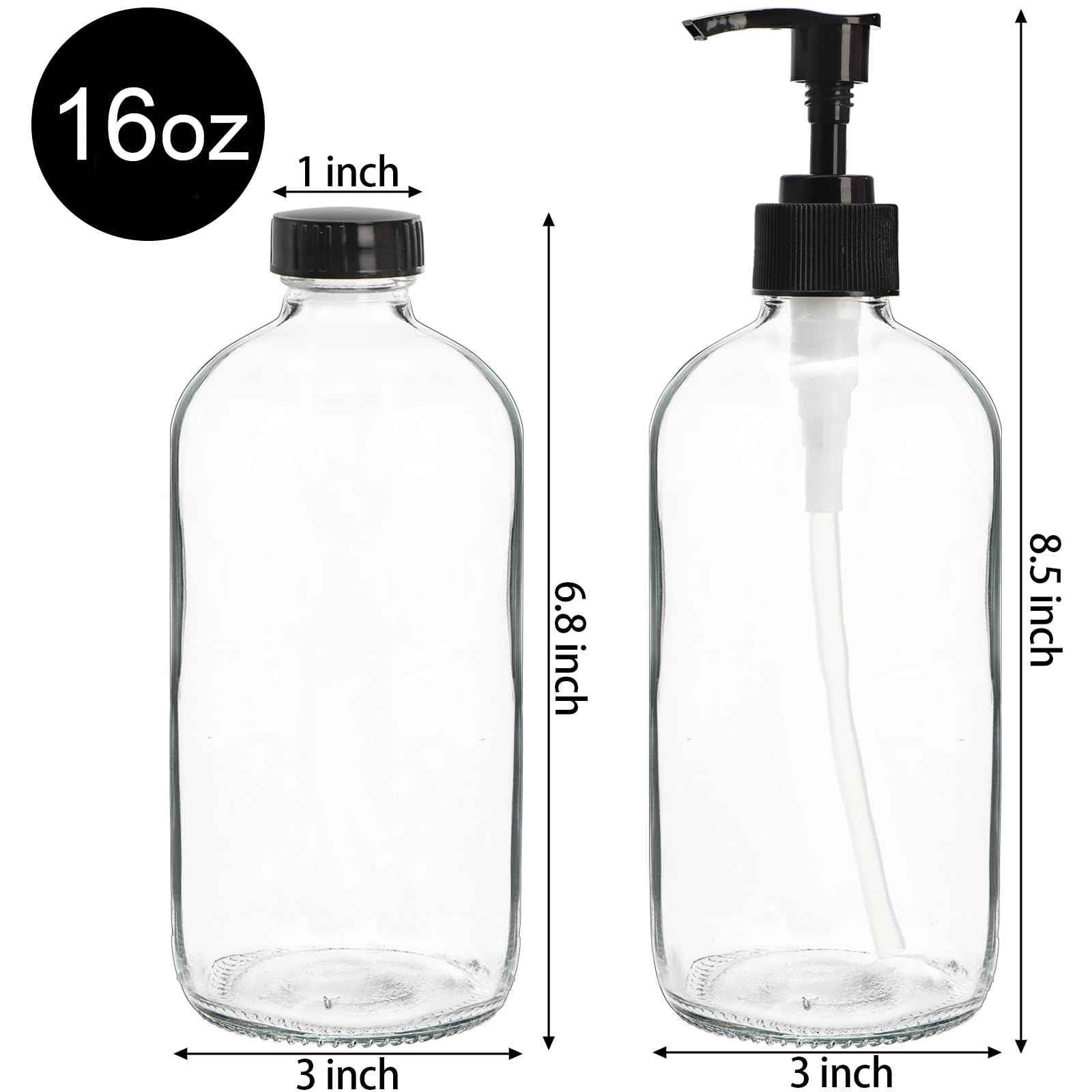 Yarlung 4 Pack 16 Oz Glass Pump Bottles, Clear Soap Dispenser with Pump Glass Empty Refillable Containers for Lotions, Shampoo, Body Wash, Liquid Soap, 4 Black Caps 6 Labels