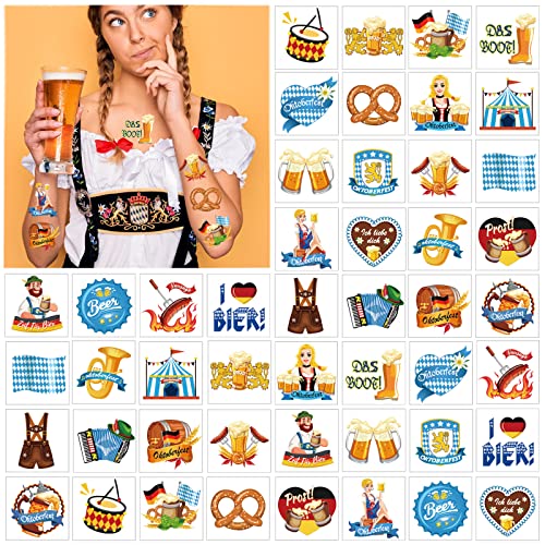 HOWAF Oktoberfest Temporary Tattoos, 72 pieces Oktoberfest Fake Tattoos for Kids, Waterproof Tattoos Stickers for Beer Festival Supplies, Bavaria Flag Themed Body Tattoos for Octoberfest Party Favors