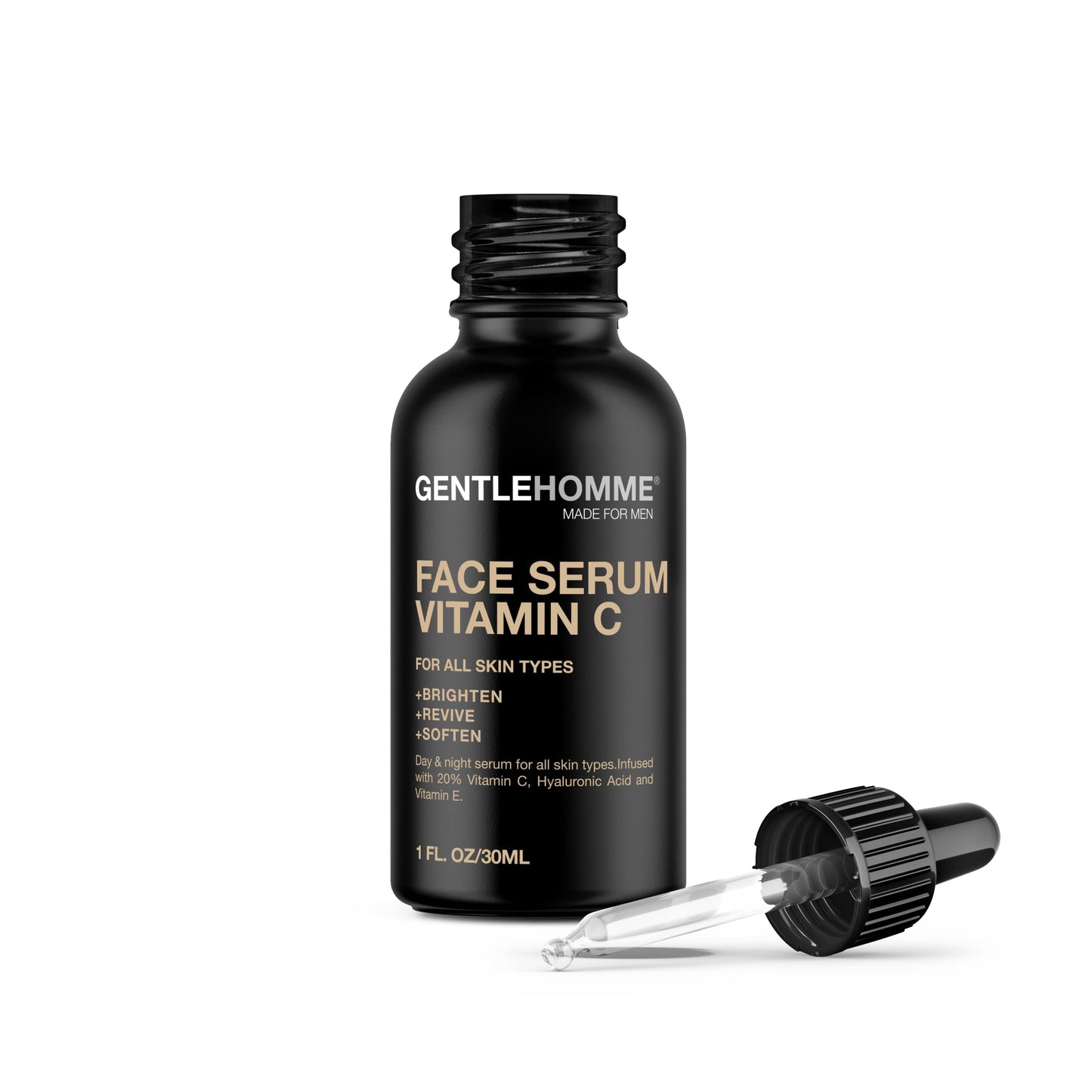 Gentlehomme - Vitamin C Face Serum - Men’s Facial Serum - With 20% Vitamin C, Hyaluronic Acid & Vitamin E - Helps Brighten, Revive & Soften Skin - Day & Night Serum - All Skin Types - Vegan - 1oz