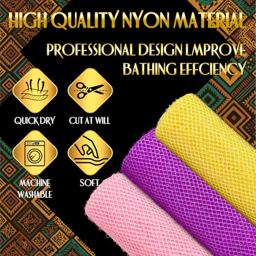 UJFQBH 3-Pack African Net Bath Sponge Set - Pink, Yellow, Purple Exfoliating Body Scrubber
