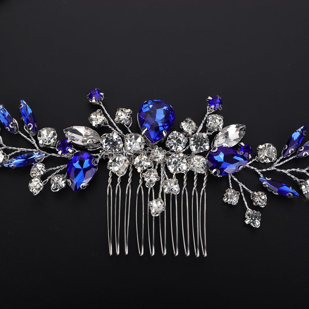 Teyglen Bridal Hair Comb with Blue Rhinestones and Crystals for Women, Bridesmaids, Girls - 15*8cm/5.9*3.14in, Alloy, One Count