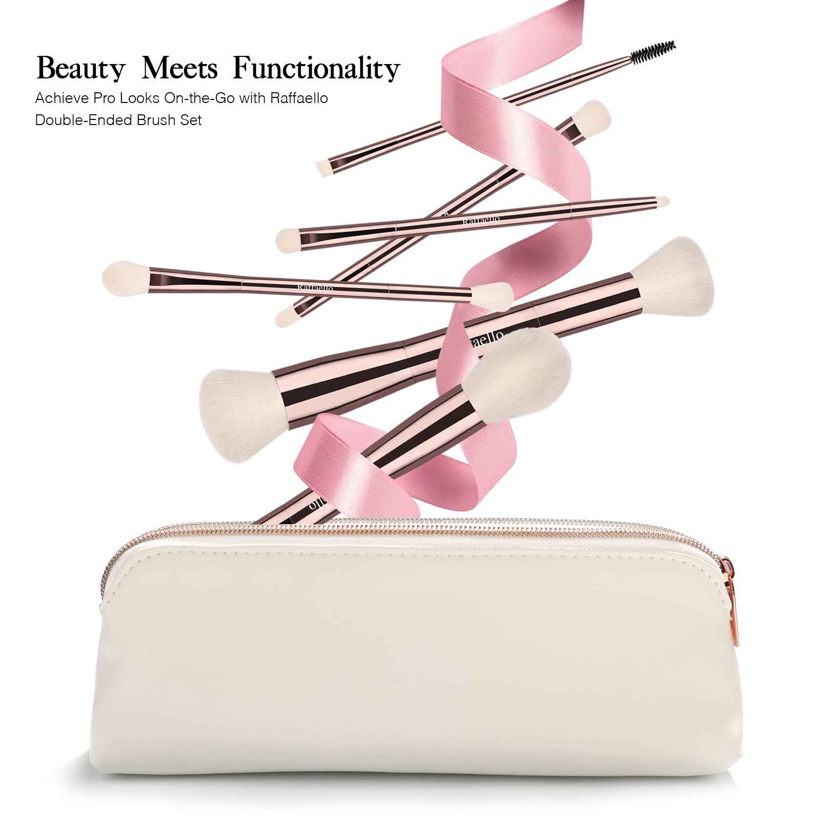Raffaello 6-in-12 Dual-Ended Makeup Brushes Set, Sustainable Rose Gold Brushes with Recycled Materials, Includes White Faux Leather Pouch, Professional Face & Eye Makeup Kit for Travel and Daily Use