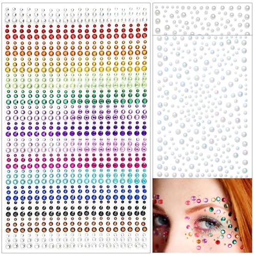 1550 Pcs Self Adhesive Rhinestones Face Gems and Pearls for Makeup, Rainbow Face Jewels Stick on Pearls Stickers Festival Diamonds Accessories, Nail Eye Hair Body DIY Decoration
