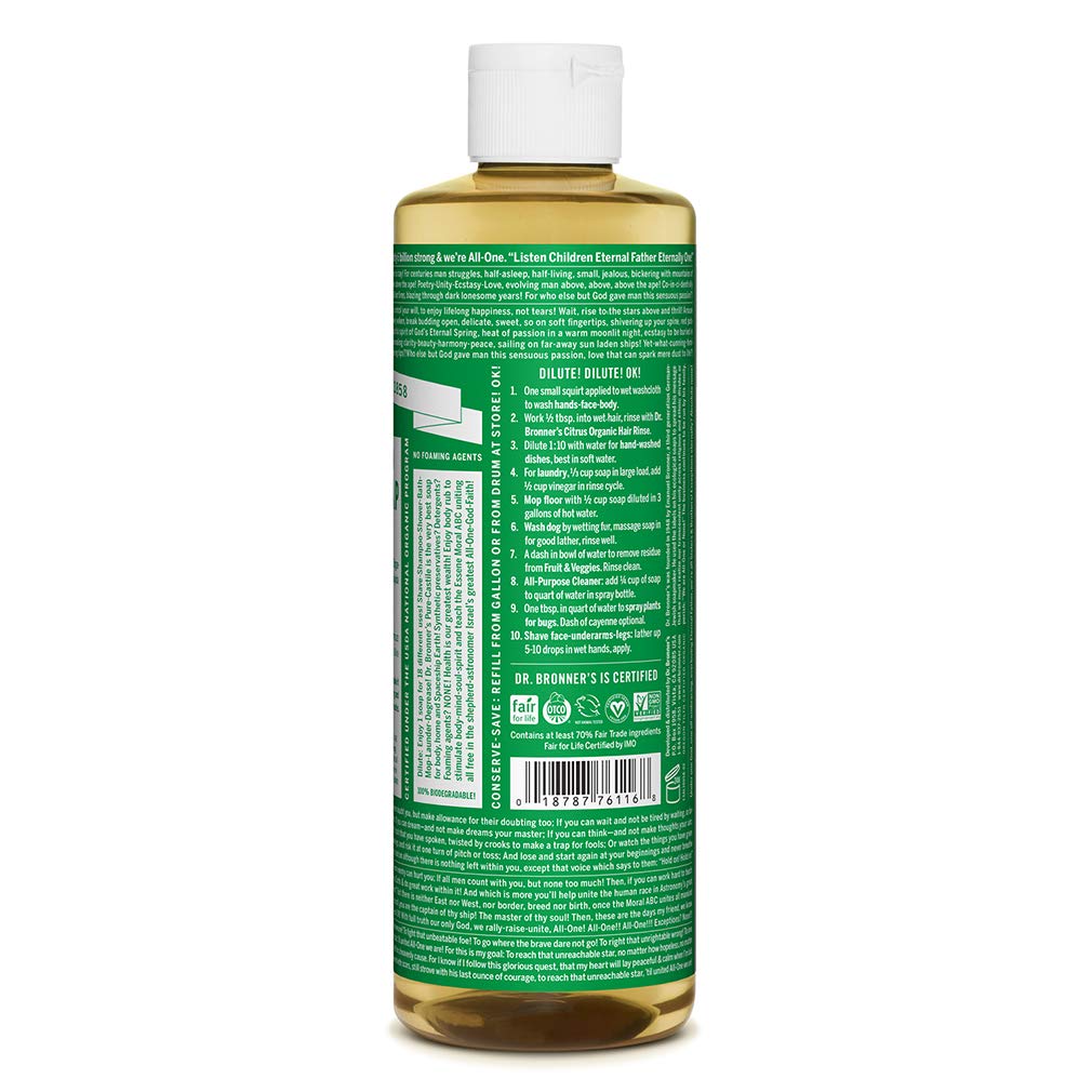 Dr. Bronner's - Pure-Castile Liquid Soap (Almond, 16 ounce, 2-Pack) - Made with Organic Oils, 18-in-1 Uses: Face, Body, Hair, Laundry, Pets and Dishes, Concentrated, Vegan, Non-GMO