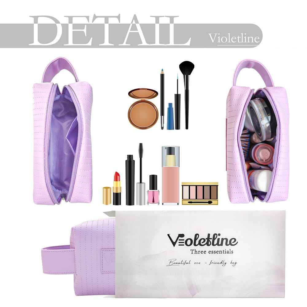 Violetline Women's Cosmetic Bag Essentials, Perfect Christmas Gifts! Elegant Preppy Travel Makeup Bag, Ideal Waterproof Leather Cosmetic Bag for Girls and Moms (Light Purple Cosmetic bag)