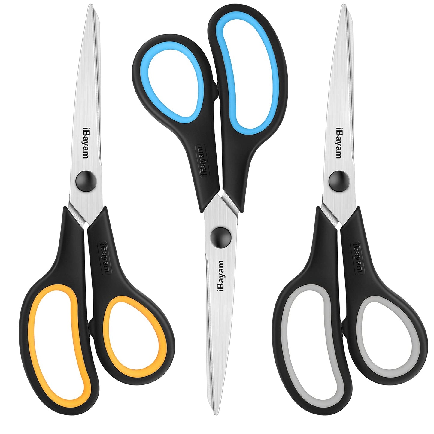 Scissors All Purpose, iBayam 8" Heavy Duty Scissors Bulk 3-Pack, 2.5mm Thickness Ultra Sharp Blade Shears with Comfort-Grip Handles for Office Home School Sewing Fabric Craft Supplies, Right/Left Hand