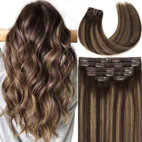Lacer Hair Remy Hair Seamless Hair Extensions Clip in 18 Inch Balayage Chestnut Brown Mixed Dark Brown 110g 7pcs PU Clip in Hair Extensions Human Hair Thick with PU Weft for Women R#2-2/6