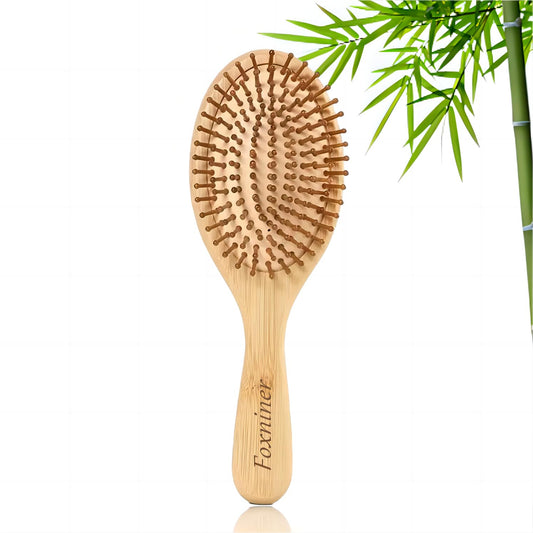Foxniner Bamboo brush,bamboo hair brush,wooden hair brush,Eco Friendly Paddle Hairbrush for Women Men and Kids Make Thin Long Curly Hair Health and Massage Scalp· (small Bamboo Oval Comb)