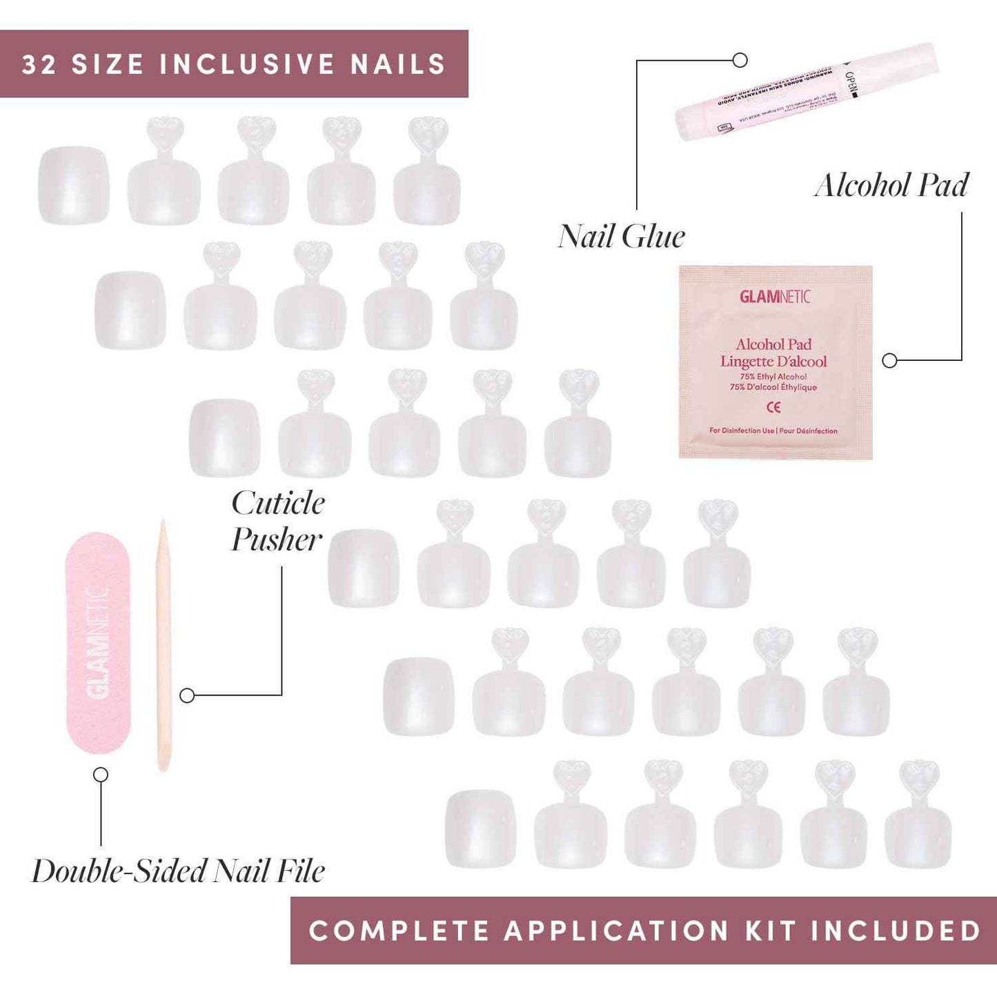 Glamnetic Press On Nails & Toenails - Hailey | Soft Pearl White Fake Nails & Toenails with a Glossy Finish | 15 Sizes - 30 Nail Kit with Glue & 16 Sizes - 32 Toe Nail Kit with Glue