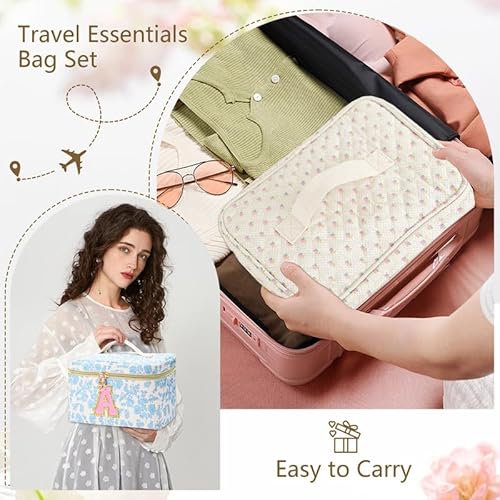 3 PCS Travel Makeup Bag Set, A?Z Initials Cotton Quilted Cosmetic Bag for Women & Preppy, Personalized Toiletry Bag Travel Accessories Makeup Brushes Organizer, Valentine¡¯s Day & Birthday Gift for Her
