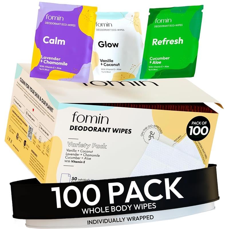 FOMIN Travel Deodorant Wipes - 100 Count, pH Balanced, Biodegradable