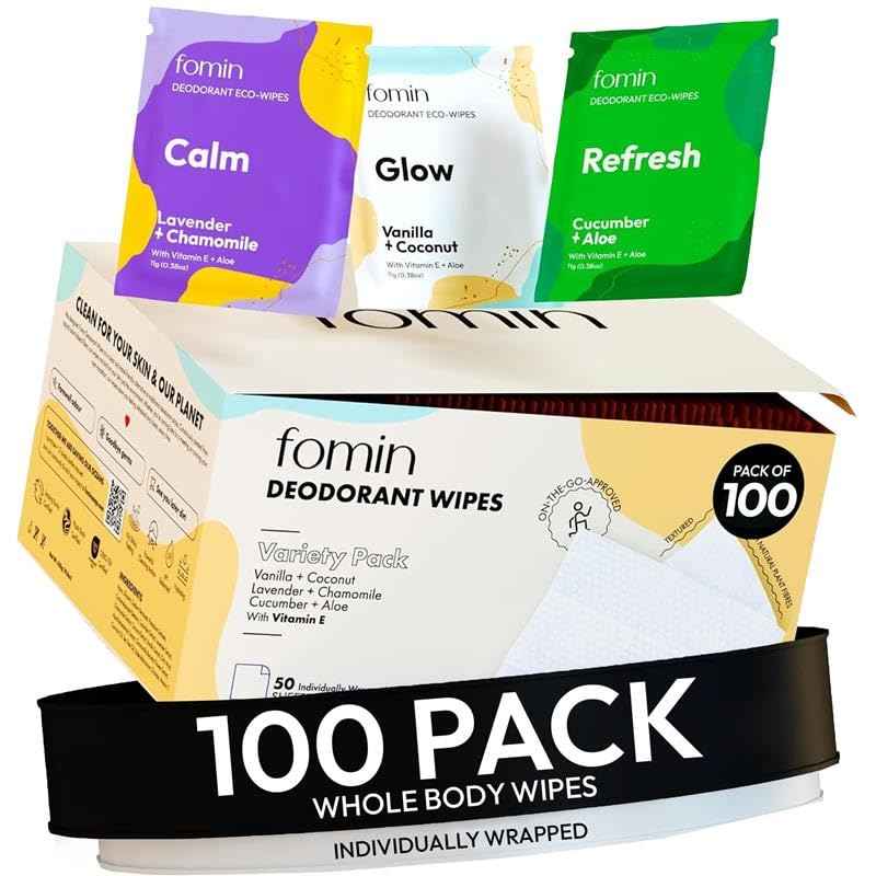 FOMIN Acidified Travel Deodorant Wipes For Women & Men - 100 Count - Variety Pack - pH Balanced, Mini Deodorant Travel Size Wipe - Plastic-Free, Individually Wrapped Underarm Body Wipes