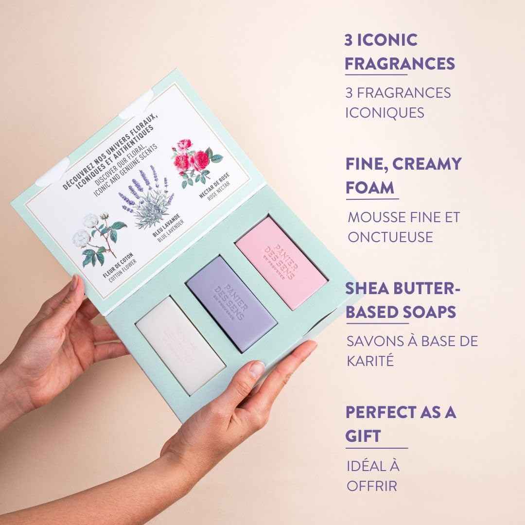 Panier des Sens - Bar Soap Gift Set for Women - Cotton, Rose, Lavender Soap Bars - & Birthday Gifts for Her - Hand & Body Soap Bars with Shea Butter - 97% Natural Ingredients - 3x3.5oz