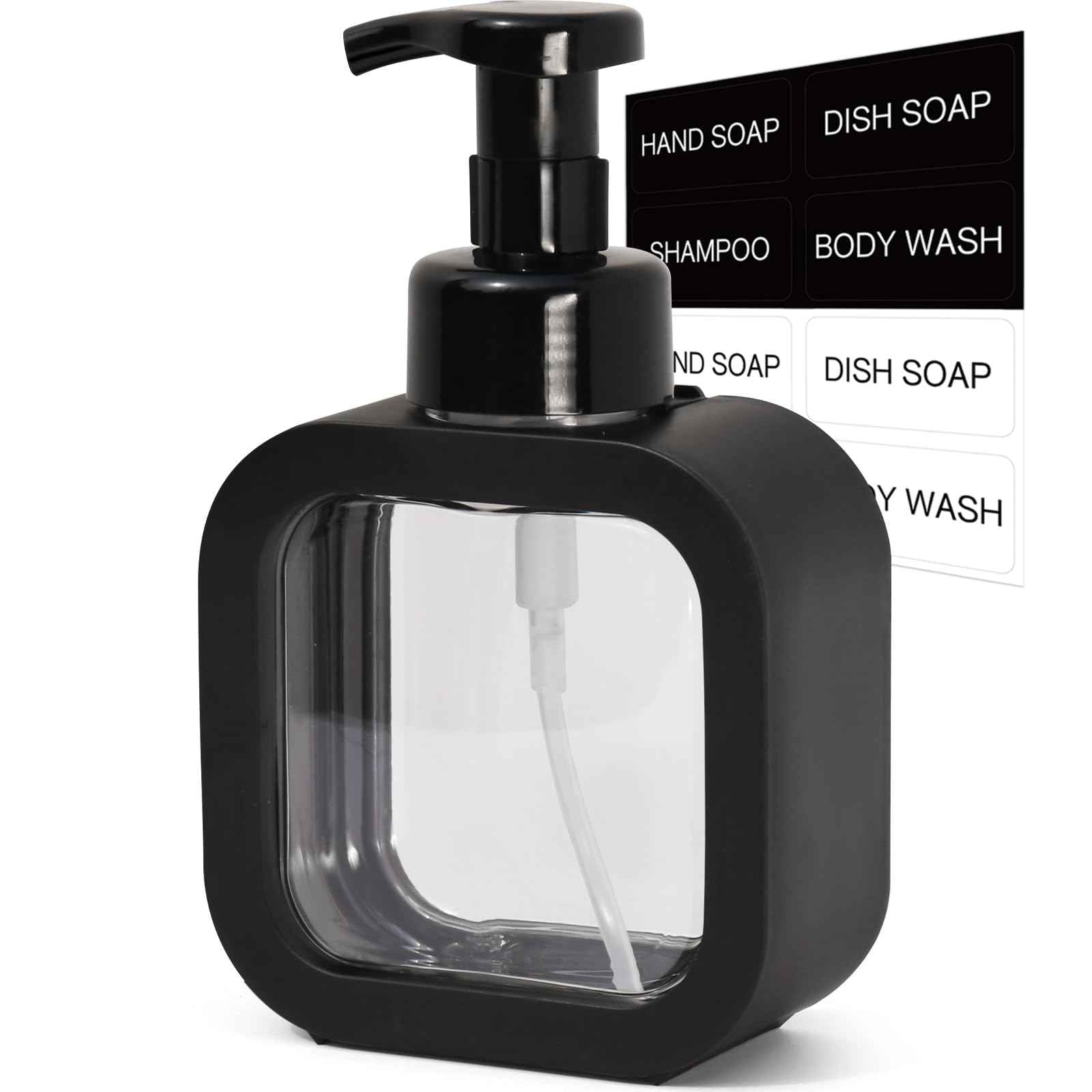 SVLX YIXVN Foaming Soap Dispenser, 300ml (10oz) Plastic Refillable Foaming Hand Soap Dispenser with 8 Pcs Waterproof Labels, Foam Pump Bottle for Bathroom and Kitchen (Black)