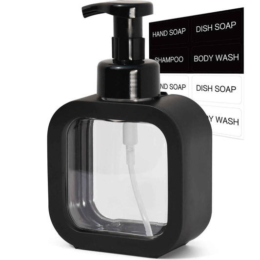 SVLX YIXVN Foaming Soap Dispenser, 300ml (10oz) Plastic Refillable Foaming Hand Soap Dispenser with 8 Pcs Waterproof Labels, Foam Pump Bottle for Bathroom and Kitchen (Black)