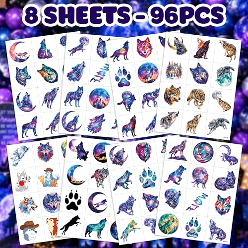 96 PCS Galaxy Wolf Temporary Tattoos for Kids