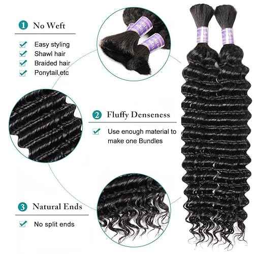 Human Braiding Hair 2 Bundle 100g Deep Wave Bulk Human Hair for Braiding No Weft 12A Brazilian Virgin Curly Human Hair Extensions for Boho Braids (Deep Wave-1B, 26/100g)