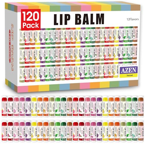 AZEN 120 Pack Lip Balm, Natural Lip Balm Bulk, Lip Care Product, Moisturizing Lip Balms for dry cracked lips, Valentines Gifts Easter Basket Stuffers - 12 Flavors