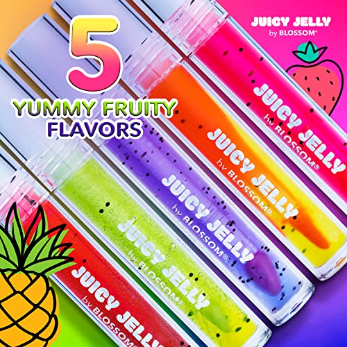 Blossom Juicy Jelly Moisturizing Lip Care Fruit Flavored Nourishing Lip Oil + pH Technology Custom Color Changing Strawberry Crystal Lip Balm, 2 Pack Bundle, Grape/Purple