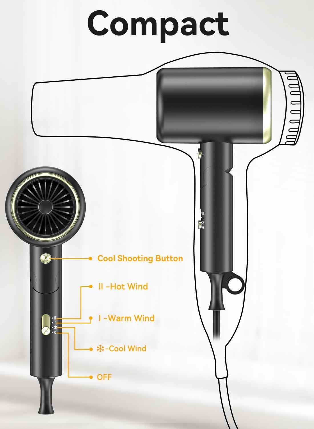 Hair Dryer, 150000RPM Ionic Blow Dryer - Fast Drying, Low Noise, Foldable Portable with Diffuser and Nozzle, Compact Mini for Women and Men, Home and Travel （Black）