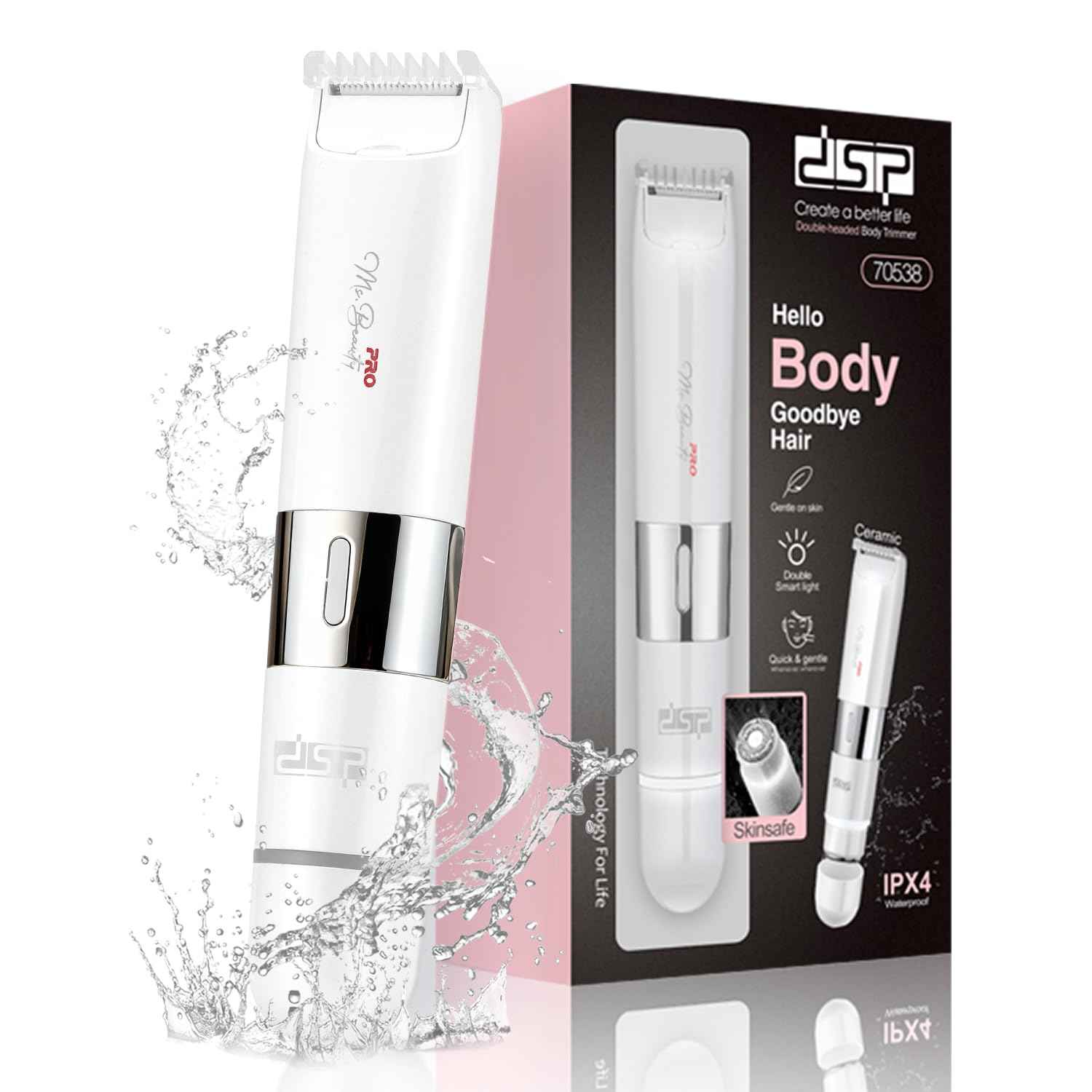 DSP 2 in 1 Bikini Hair Trimmer, Dual Head Bikini Trimmer for Women, Female Shavers for Pubic Hair, Ladies Shavers for All Body, Waterproof, Smart Light, Applicable to Underarm Leg Arm Body Face