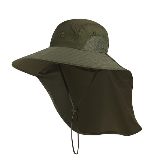 Outdoor Sun Hat for Men with 50+ UPF Protection Safari Cap Wide Brim Fishing Hat with Neck Flap, for Dad Army Green